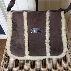 UGG Brown Sheepskin Crossbody with Cream Shearling Trim